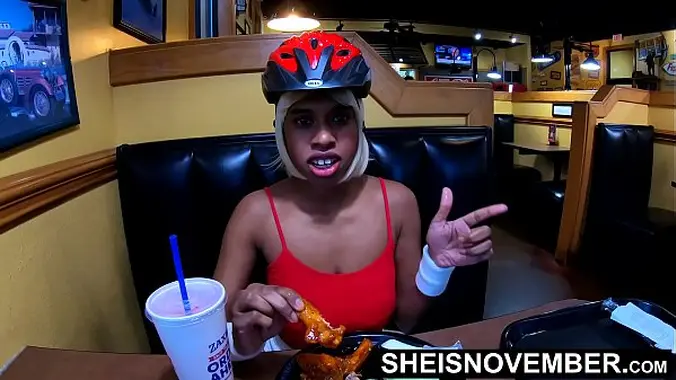 Msnovember Eating Real Food And Talking To Her Best Male Friend About World Of Warcraft In Public Diner , Flashing Her Big Natural Boobs With Puffy Nipples And Large Areolas, Squeezing Her Titties Hard And Some Up Skirt Angles Movie