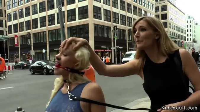 Busty petite blonde gangbang in public
