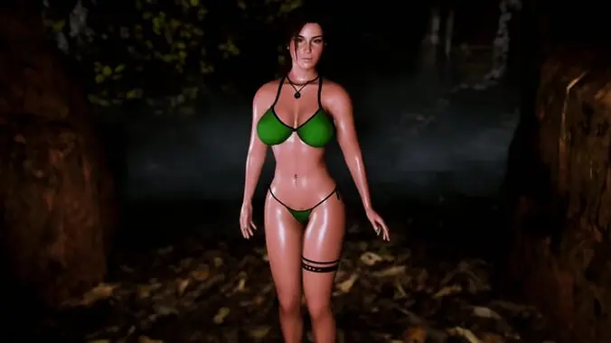 Oiled milf Lara Croft solo sexy dancing in a revealing bikini in forest