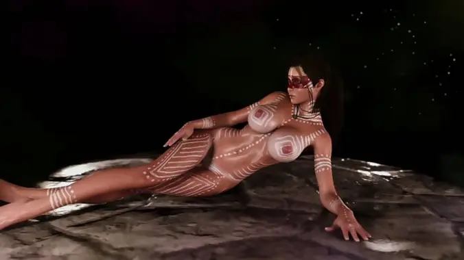 Cunning Lara Croft poses with ritual body paint to pacify tomb guardians