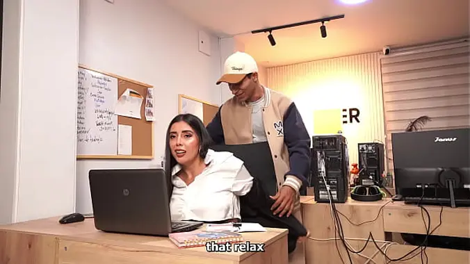 “Busty secretary if she knows how to earn extra pay by fucking the boss's son.”