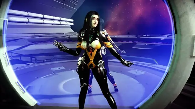 Sexy asian Tachy in tight crotchless bodysuit dancing alone on spaceship