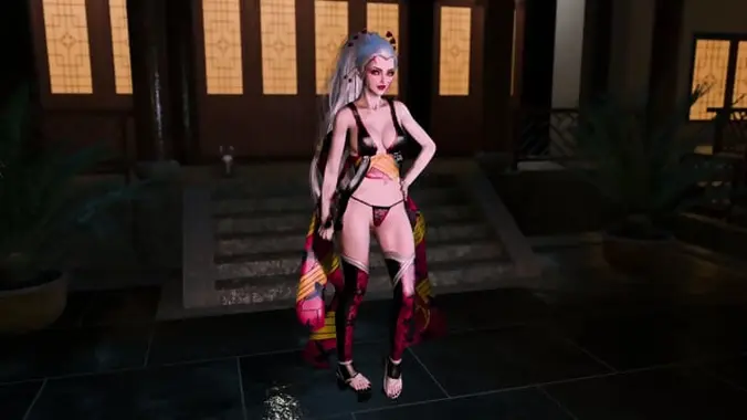 Proud lustful Duckie dances at night in revealing traditional clothe