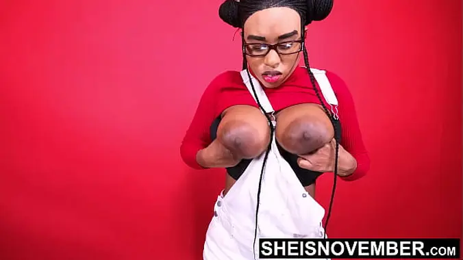 I'm Erotically Posing My Large Natural Tits And Huge Brown Areolas Closeup Fetish, Bending Over With My Big Boobs Bouncing, Petite Busty Black Babe Sheisnovember Jiggling Her Curvy Bomb Shells While Bent Down, Sat In Overalls on Msnovember