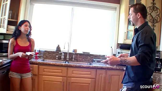Skinny Step-Daughter with small Tits seduce Big Dick older Guy to Cheating Fuck when home alone